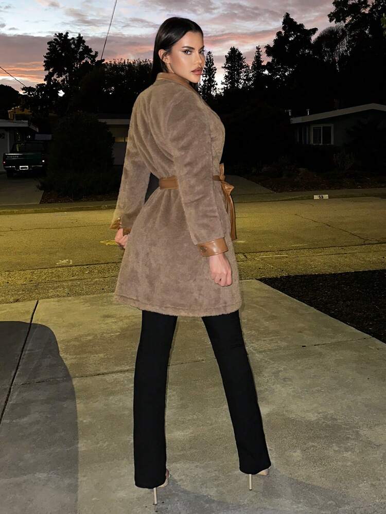 Lapel Neck Belted Flannelette Coat Fall Cloth For Women