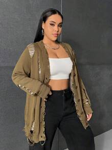 SHEIN EZwear Hơn Rách Frayed Thả vai Áo len Mở - xanh quân đội - Xem 6