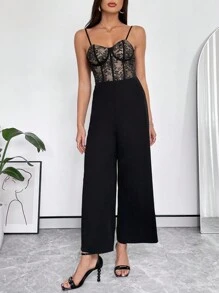 SHEIN Privé 蕾絲拼接吊帶連體褲 - 黑色 - 查看 4