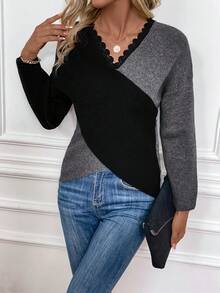 SHEIN LUNE Two Tone Lace Trim Drop Shoulder Crossover Sweater - Grey - View 3