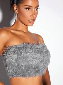 SHEIN BAE Solid Fuzzy Tube Top - Light Grey - View 6