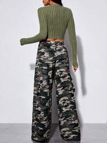 SHEIN PETITE Solid Crop Tee & Camo Print Wide Leg Pants - Army Green - View 2