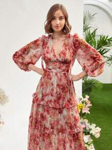 Enchnt Women Deep V-Neck Lantern Sleeve Dress With Ruffle Hem, Cinching Waist, Perfect For Vacation