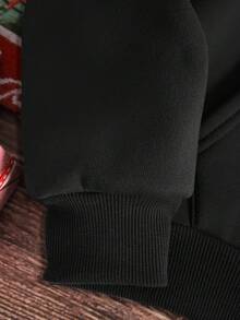 SHEIN EZwear 加大码圣诞印花袋鼠口袋抽绳保暖卫衣 - 黑色 - 查看 5