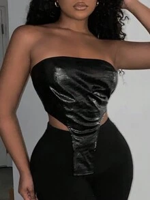 Slaydiva Áo ống bằng da PU với đường viền không đối xứng - màu đen - Xem 5
