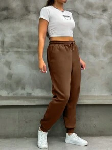 SHEIN EZwear Plus Drawstring Waist Sweatpants Graduation,Back To School Outfits,Graduation,Teacher Outfits For Women,Back To School - Coffee Brown - View 5