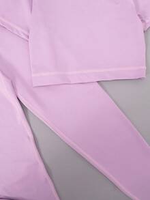 SHEIN 女大童素色插肩袖運動T恤和緊身褲 - 紫色 - 查看 5