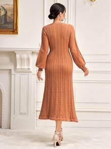Modelyn Solid V Neck Lantern Sleeve Sweater Dress Without Belt Fall Cloth For Women - Coral Pink - View 2