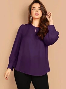 SHEIN Clasi Plus Solid Buttoned Cuff Curved Hem Blouse - Purple - View 1