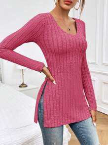 SHEIN Essnce Chất rắn Viền chia cắt Đồ đan Ribbed Áo thun - Màu Hồng Tươi - Xem 1