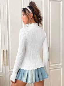 SHEIN EZwear Mock Neck Lettuce Trim Sweater - White - View 2