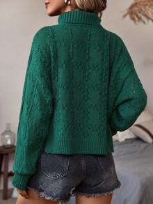 Knit Mix Turtleneck Drop Shoulder Cable Knit Sweater - Green - View 2