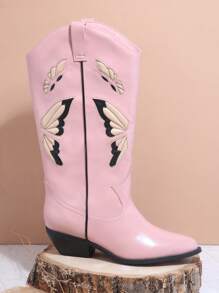 SHUZIA Embroidery Detail Western Boots - Pink - View 4