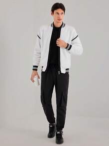 SHEIN Cottnline Men Striped Trim Drop Shoulder Bomber Jacket - Black and White - View 5