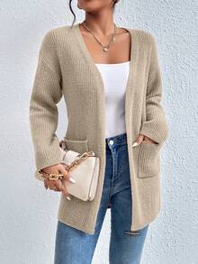 SHEIN Frenchy Dual Pocket Drop Shoulder Duster Cardigan - Camel - View 5