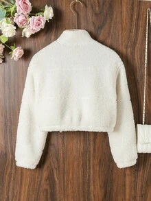 SHEIN Tween Girl Zip Up Drop Shoulder Teddy Jacket - White - View 2