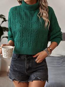 Knit Mix Turtleneck Drop Shoulder Cable Knit Sweater - Green - View 5
