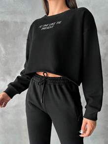 EURMUSE Letter Graphic Drop Shoulder Sweatshirt - Black - View 4