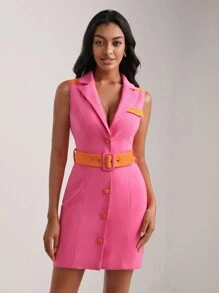 Jhamilee Rose Button Front Belted Shirt Dress - Hot Pink - View 1