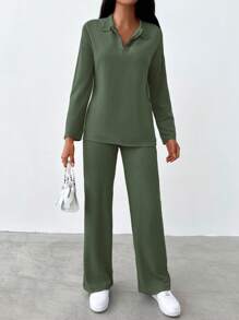 EURMUSE Solid Drop Shoulder Tee & Pants - Army Green - View 3