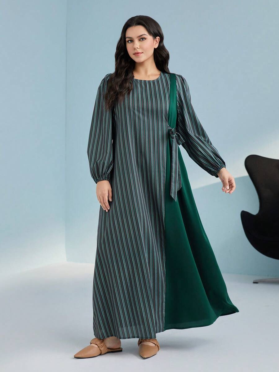 Mulvari Plus Striped Print Knot Side Lantern Sleeve Dress - Dark Green - View 1