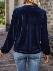 EMERY ROSE Notched Neckline Lantern Sleeve Tee Fall Cloth For Women - Blue - View 2