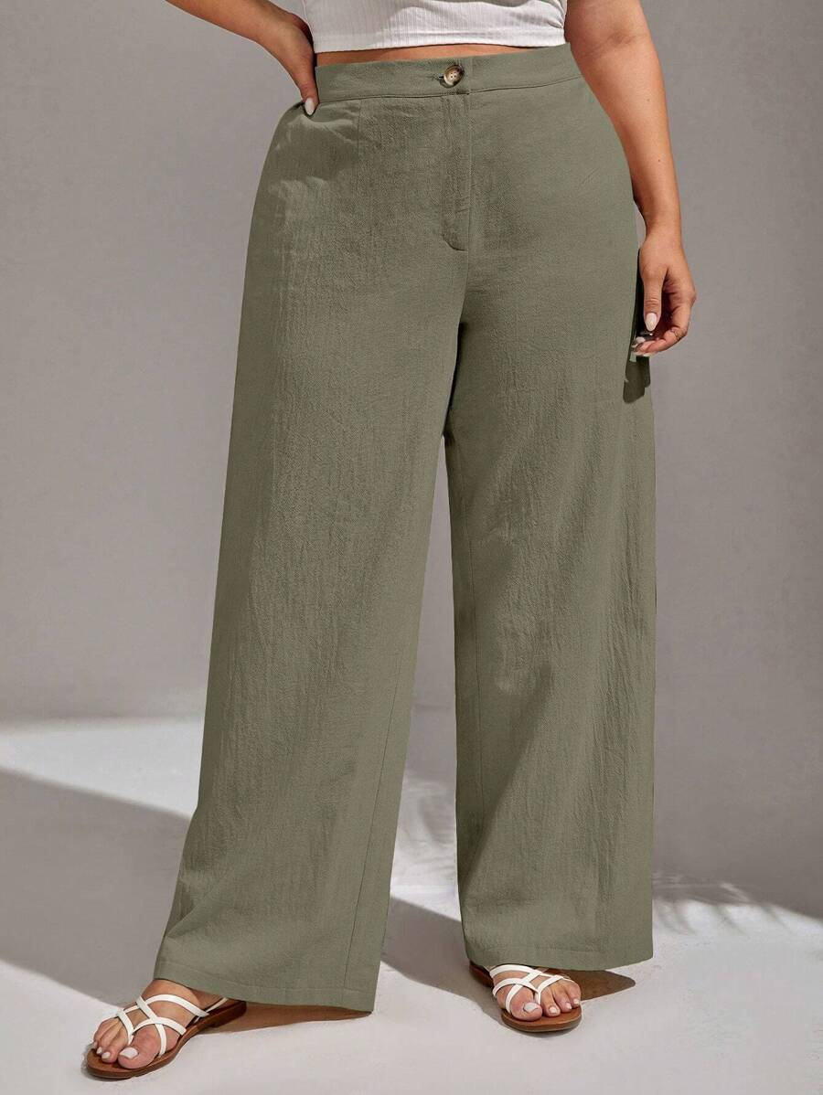 SHEIN VCAY 加大纯色纽扣拉链阔腿裤