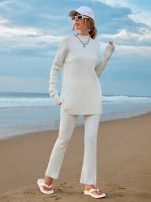 RueChic Mock Neck Drop Shoulder Split Hem Sweater & Knit Pants - Apricot - View 1