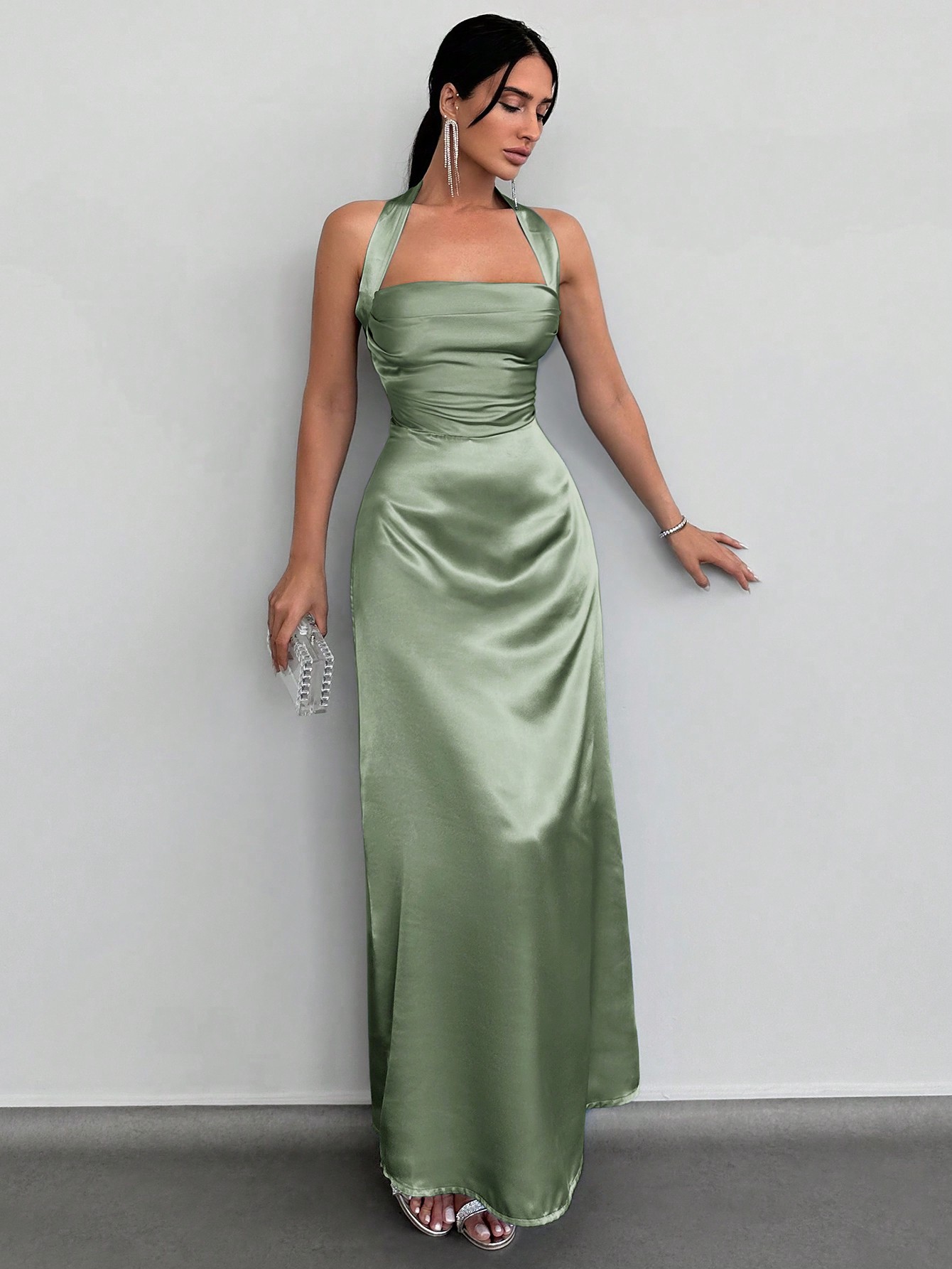 SHEIN Robe Longue Unicolore Ras-Du-Cou Dos-Nu En Satin | Mode en ligne | SHEIN FRANCE