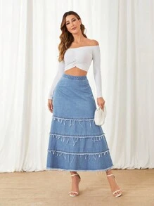 SHEIN Privé Cao eo Xén Thô Váy Denim - Rửa nhẹ - Xem 1