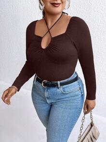 SHEIN Unity 大碼十字交叉後綁帶T恤 - 棕色 - 查看 3