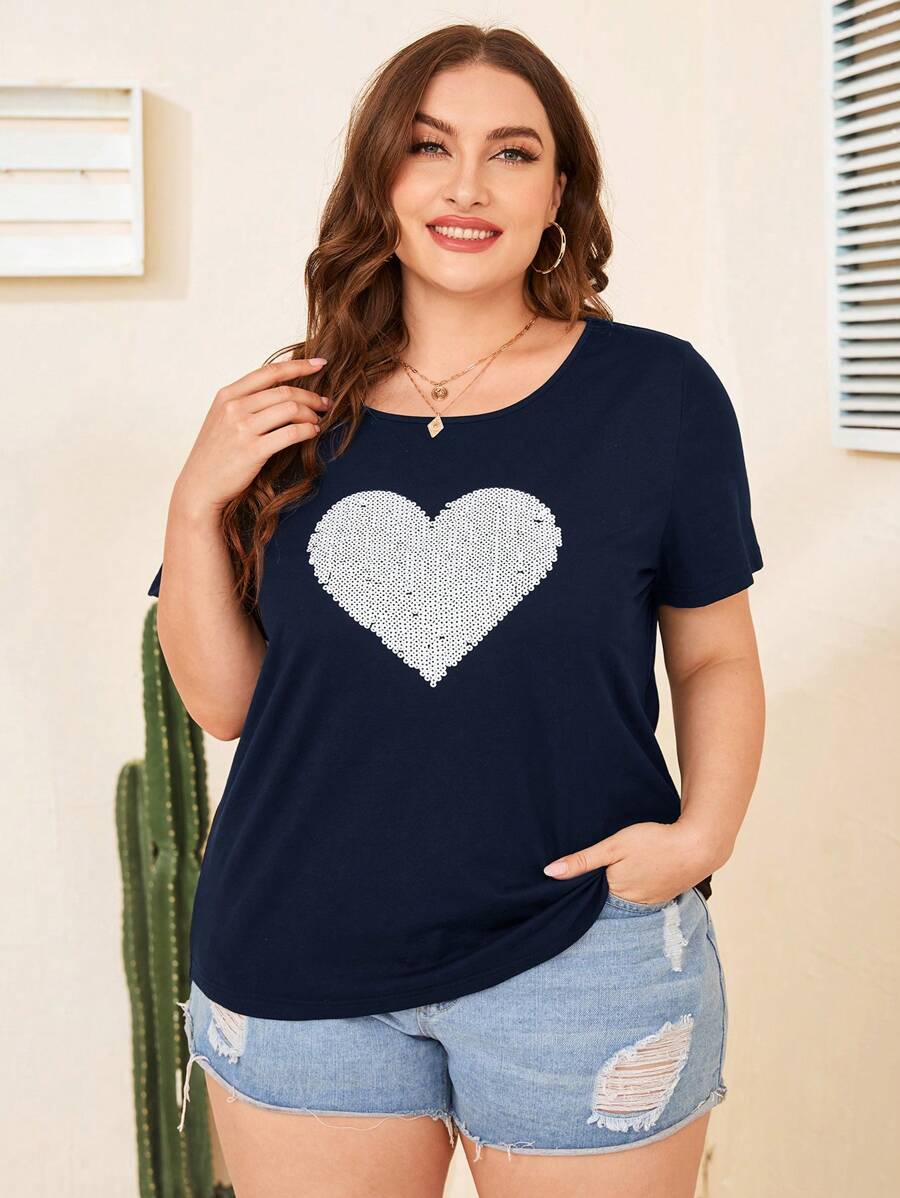 SHEIN Essnce Plus Heart Print Scoop Tee - Navy Blue - View 1