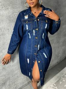 SHEIN Privé Hơn Rách Chi tiết về Flap Áo khoác denim - Màu xanh lam - Xem 5