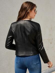 SHEIN Frenchy Zip Up PU Leather Jacket - Black - View 2