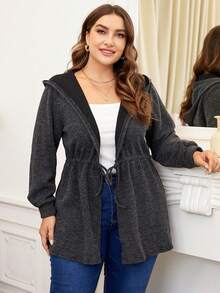 SHEIN Franclia Hơn Eo dây rút Áo trùm đầu - Xám - Xem 4