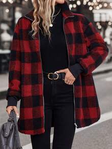 SHEIN Clasi Họa tiết kẻ sọc trâu Thả vai Áo khoác Teddy - Nhiều màu - Xem 4