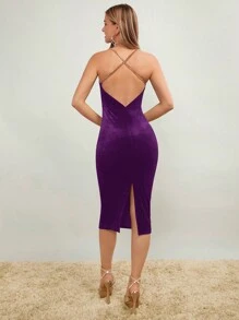 SHEIN BAE 鏈條細節露背交叉高衩絲絨洋裝 - 紫色 - 查看 2