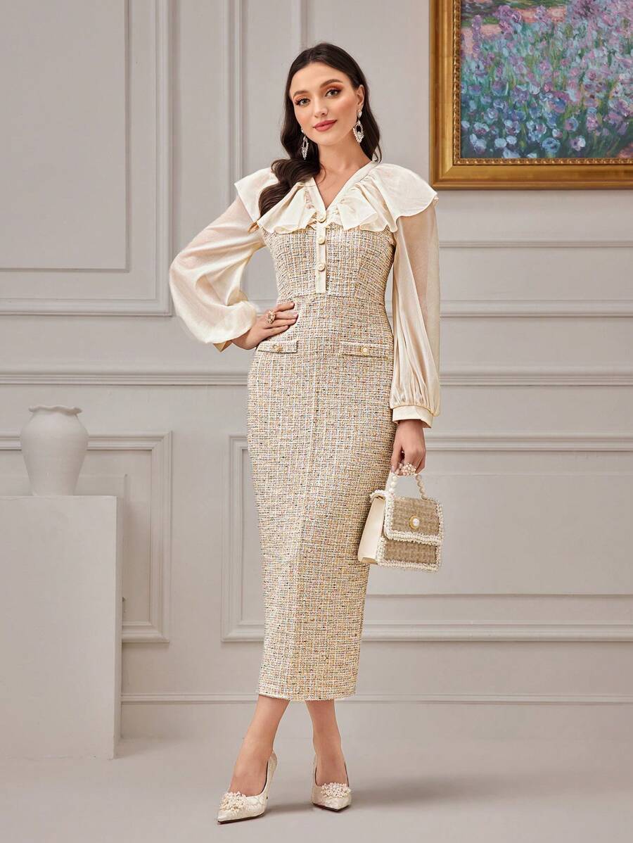 Modelyn 荷葉邊燈籠袖後背開衩粗花呢洋裝 - 杏色 - 查看 1