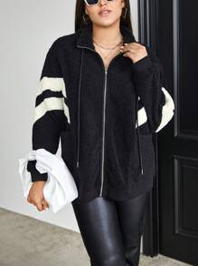 SHEIN Essnce Plus Chevron Pattern Drop Shoulder Drawstring Teddy Coat - Black - View 5