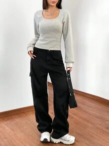 SHEIN EZwear 素色大圓領插肩袖運動衫 - 灰色 - 查看 4
