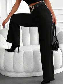 EURMUSE Cotton Solid Slant Pocket Suit Pants Without Belt - Black - View 4