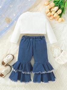 Baby Girl Button Front Tee & Raw Hem Flare Leg Jeans - Multicolor - View 2