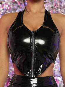 SHEIN PETITE 拉鏈開襟PU皮革掛脖上衣 - 黑色 - 查看 5