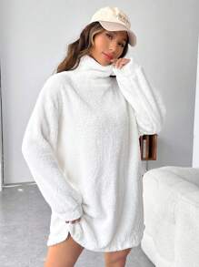 SHEIN EZwear Turtleneck Drop Shoulder Teddy Dress - White - View 1