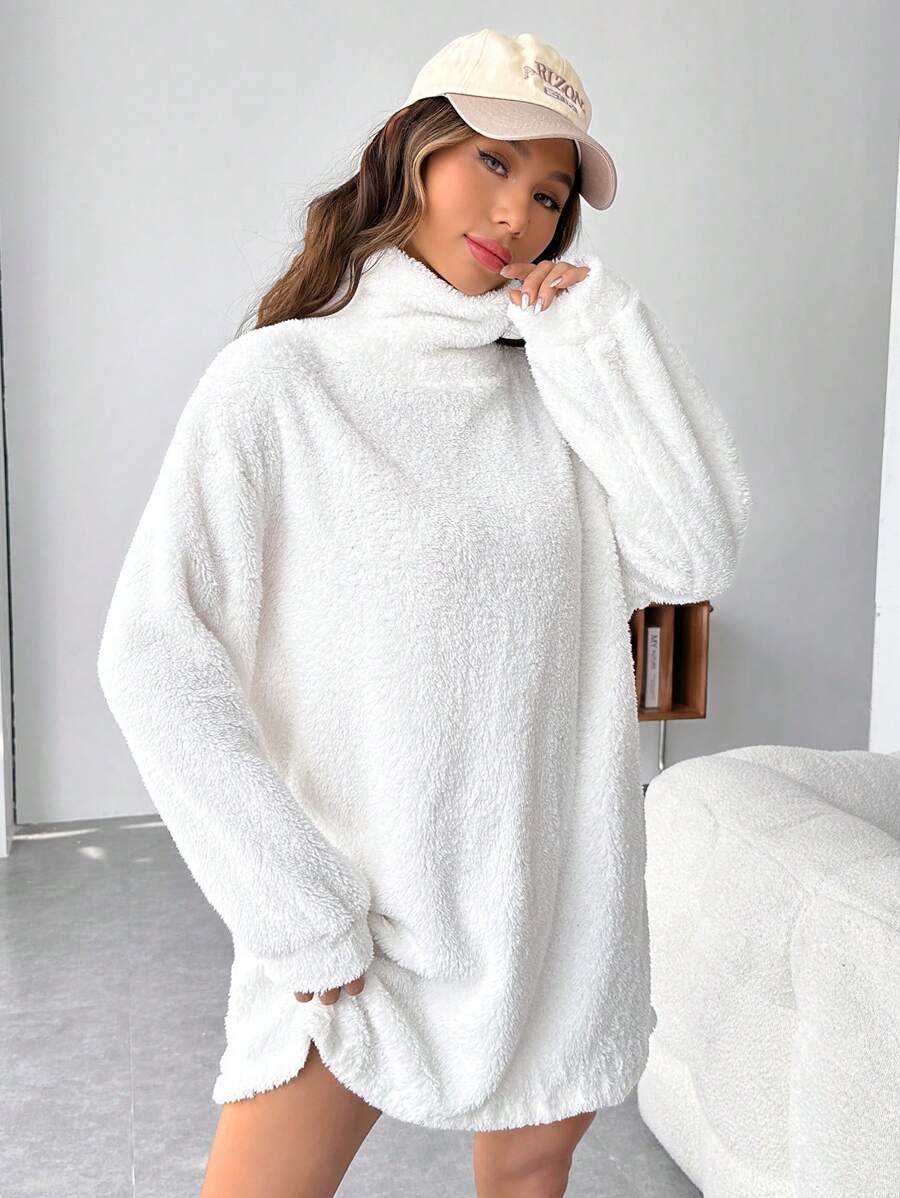 SHEIN EZwear Turtleneck Drop Shoulder Teddy Dress - White - View 1