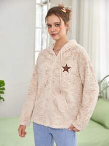 SHEIN EZwear 星星刺繡抽繩連帽絨毛外套 - 卡其色 - 查看 1