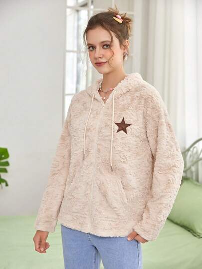 SHEIN EZwear Star Embroidery Drawstring Hooded Teddy Coat