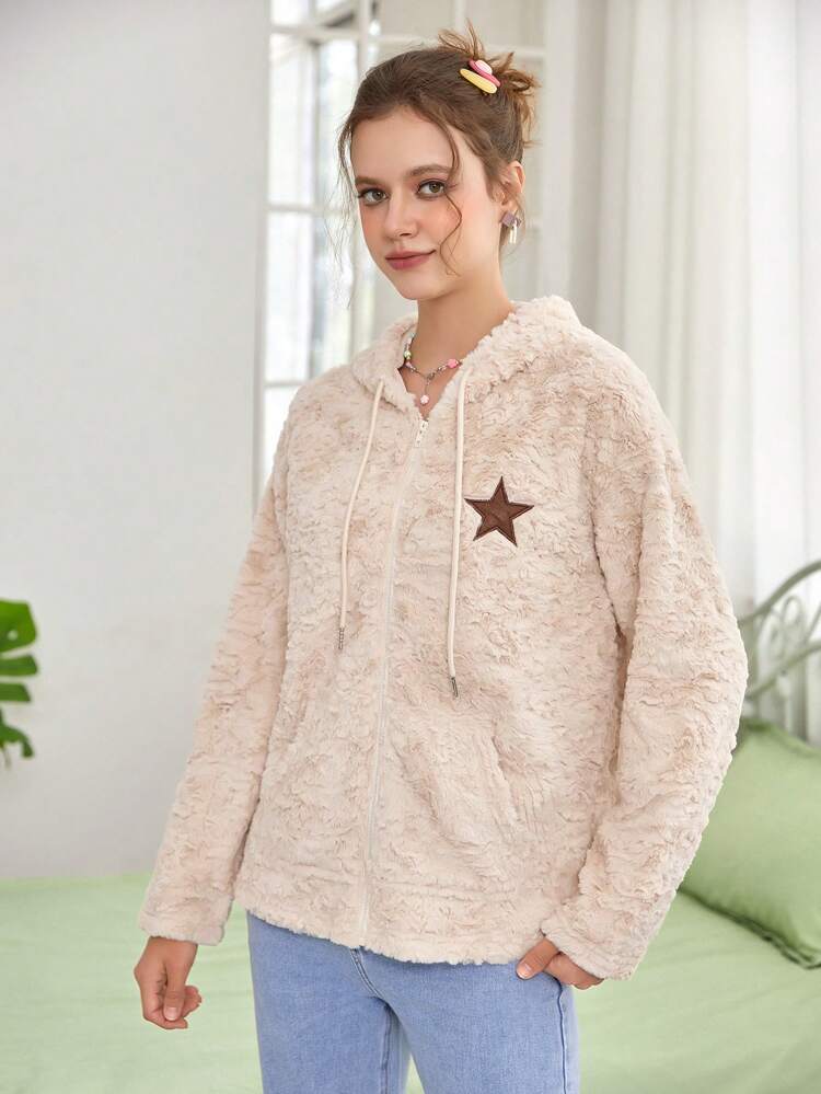 Star Embroidery Drawstring Hooded Teddy Coat