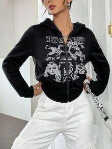 SHEIN Unity Đồ họa chữ và số Dây kéo Áo hoodie ngắn - màu đen - Xem 3