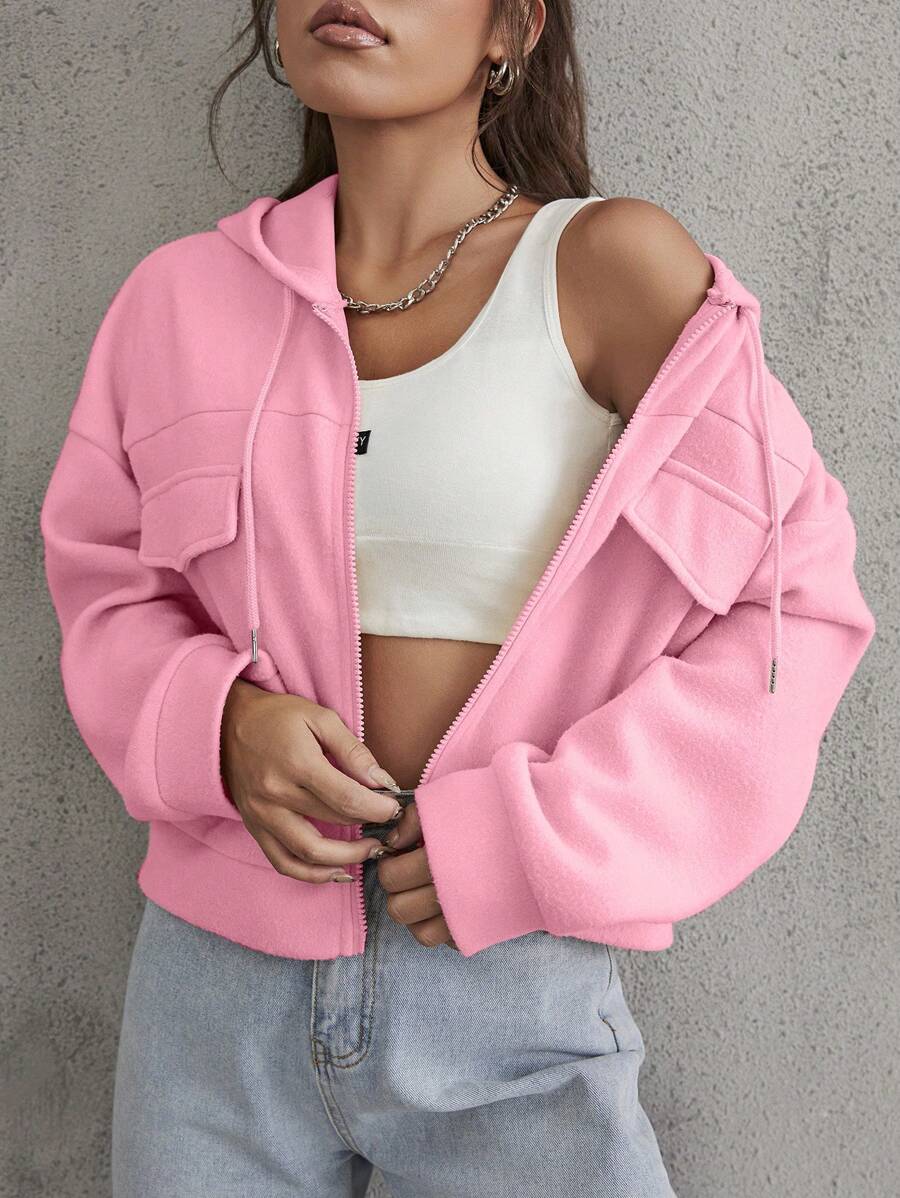 SHEIN EZwear 翻蓋細節落肩袖抽繩拉鍊連帽夾克 - 淺粉色 - 查看 1